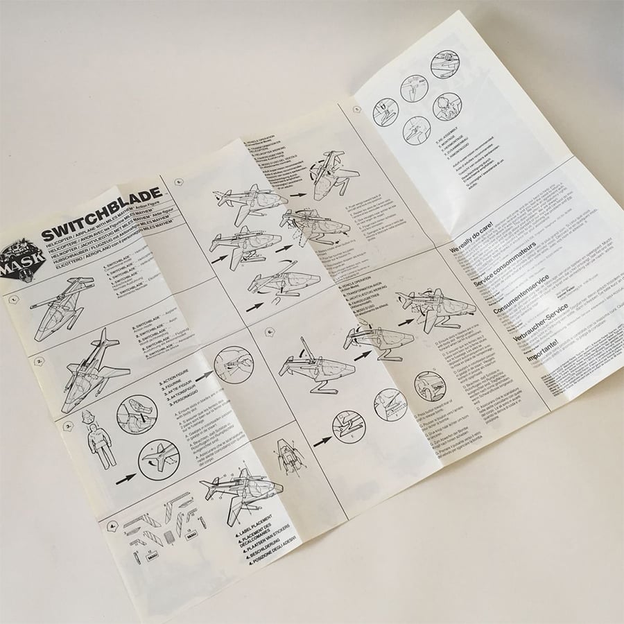 Instruction sheet for the MASK Switchblade toy, showing step-by-step black and white diagrams for assembly and transformation, along with written directions on a white background.