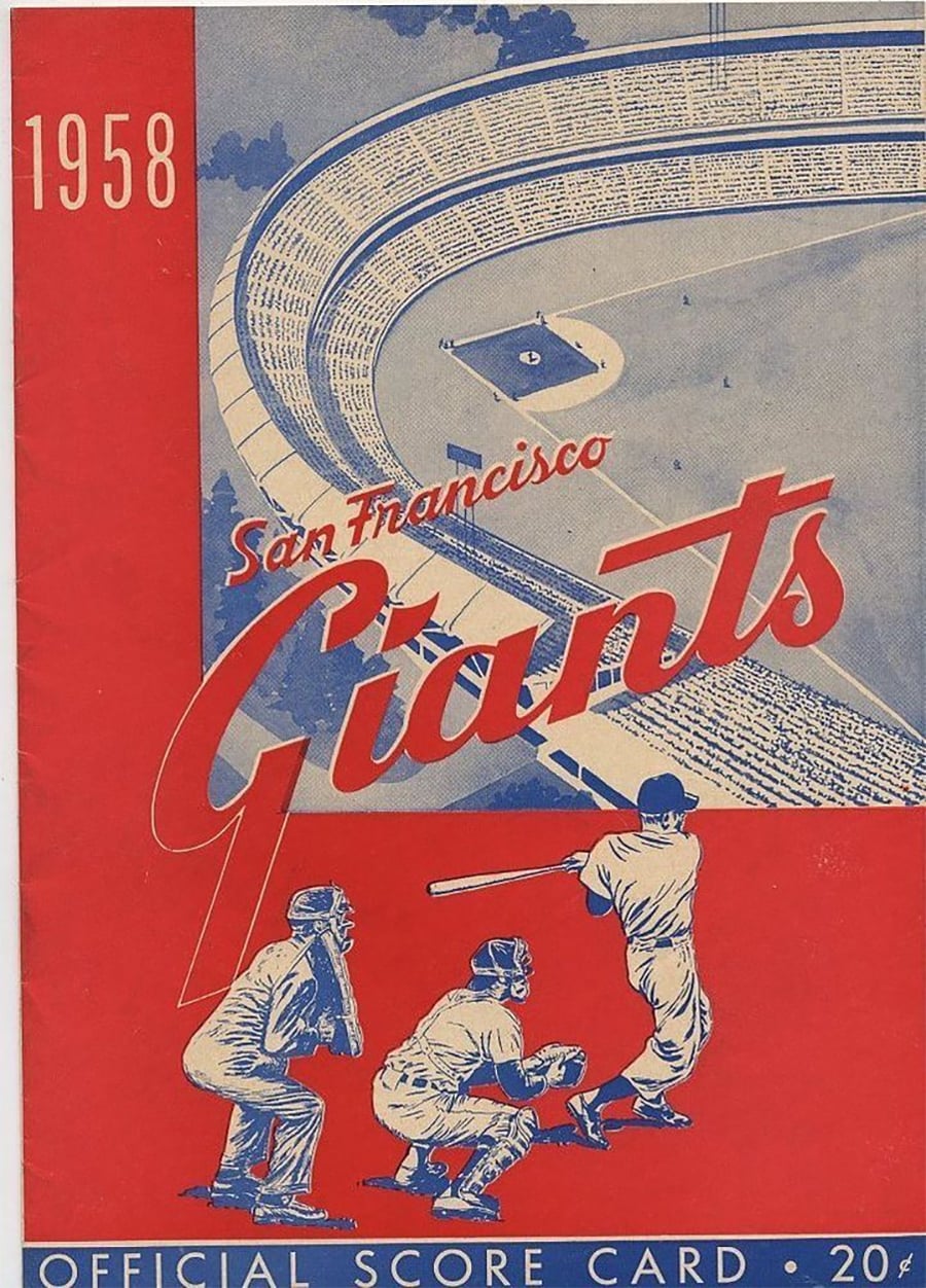 Vintage 1958 San Francisco Giants official scorecard cover featuring stylized illustrations of a baseball stadium and three players in action, with bold red, white, and blue colors and a price of 20 cents.