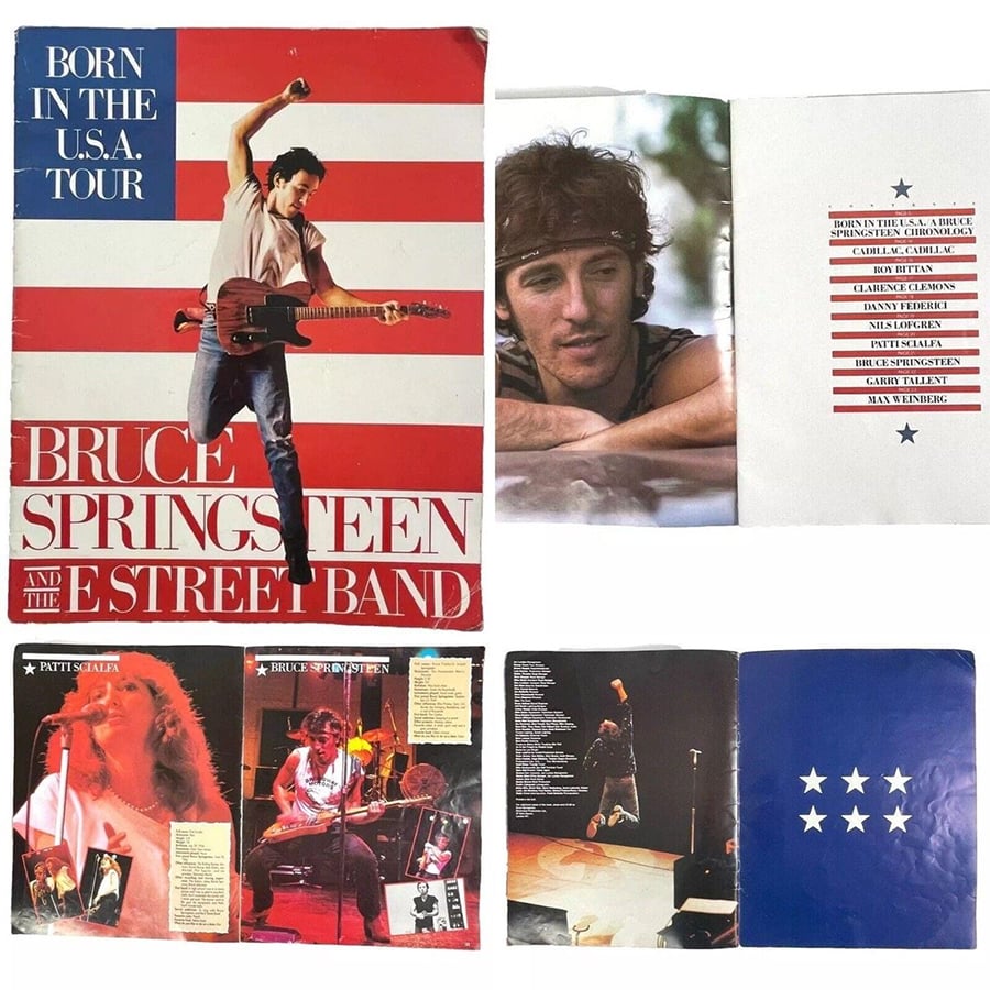 A collage of images and pages from Bruce Springsteen and the E Street Band’s "Born in the U.S.A." tour program, featuring concert photos, the tour’s cover art, setlists, and candid shots of Springsteen.