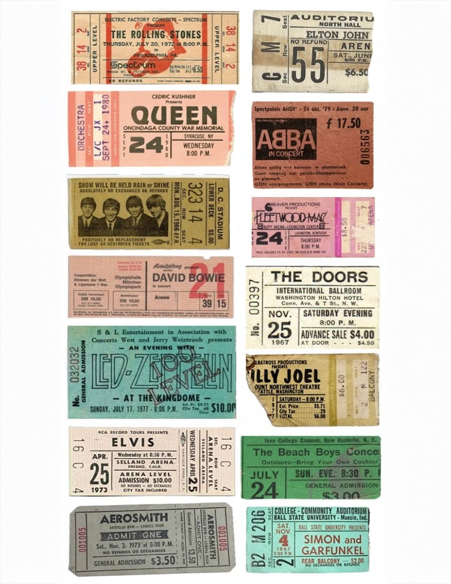 A collage of vintage concert tickets from famous bands and artists, including The Rolling Stones, Queen, ABBA, Fleetwood Mac, David Bowie, The Doors, Led Zeppelin, Billy Joel, Elvis, Beach Boys, Simon & Garfunkel, and Aerosmith.