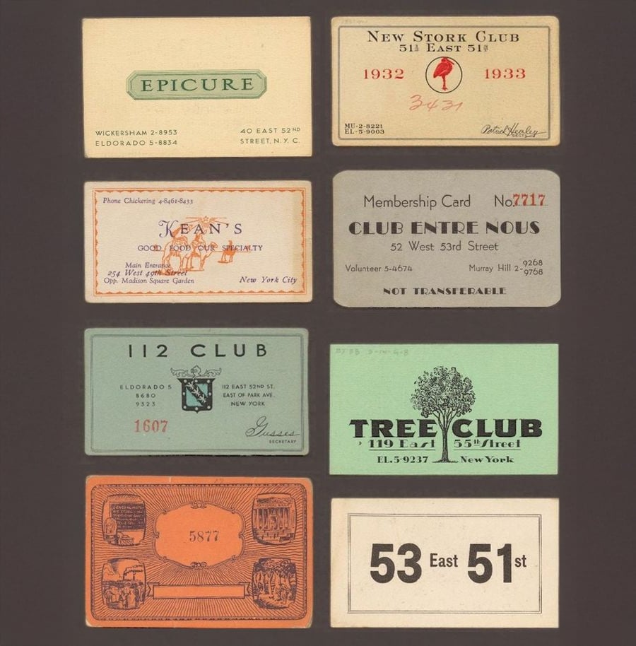 Eight vintage club membership cards from New York, each with distinct designs, fonts, and colors, arranged in two columns on a dark background. The cards display club names, addresses, numbers, and expiration years.