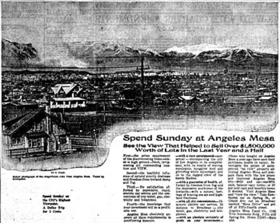 Black-and-white newspaper clipping shows a view of Los Angeles with mountains in the background. The headline reads: “Spend Sunday at Angeles Mesa.” Text and inset photo promote real estate in the area.