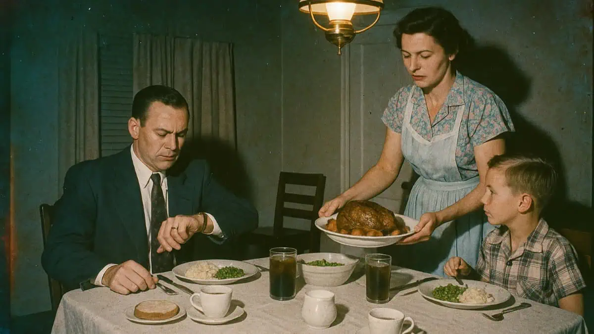 A woman serves a roast chicken at dinner to a man in a suit checking his watch and a young boy sitting at the table with plates of food and drinks.