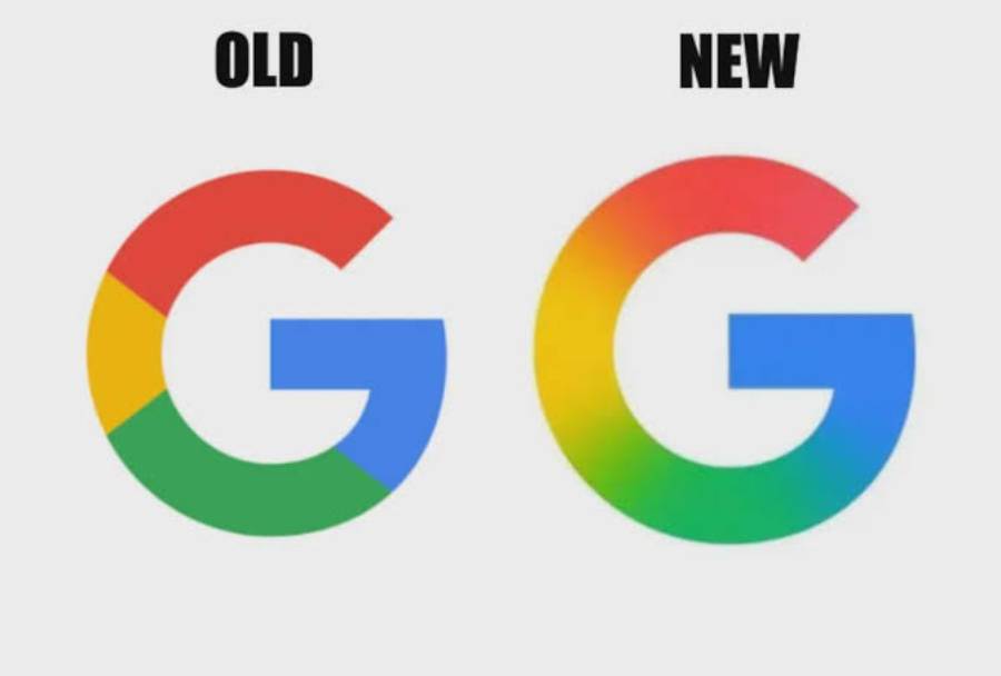 Side-by-side comparison of the old and new Google "G" logos; the old has solid color sections, while the new features a smooth gradient blend of the same colors.