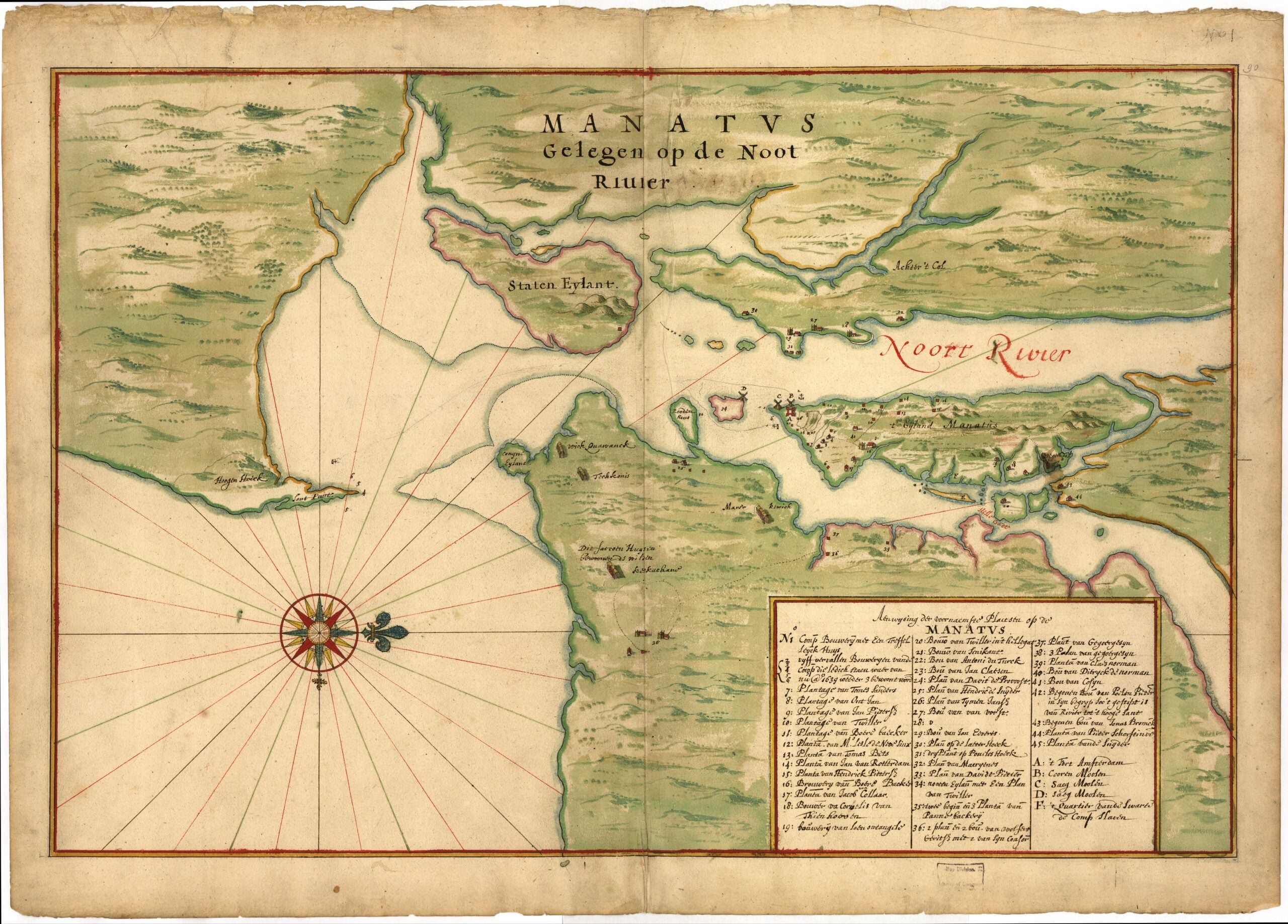 A hand-drawn, colored 17th-century map showing Manhattan, surrounding rivers, and settlements, with a legend detailing labeled locations. The map features Dutch text and a decorative compass rose.