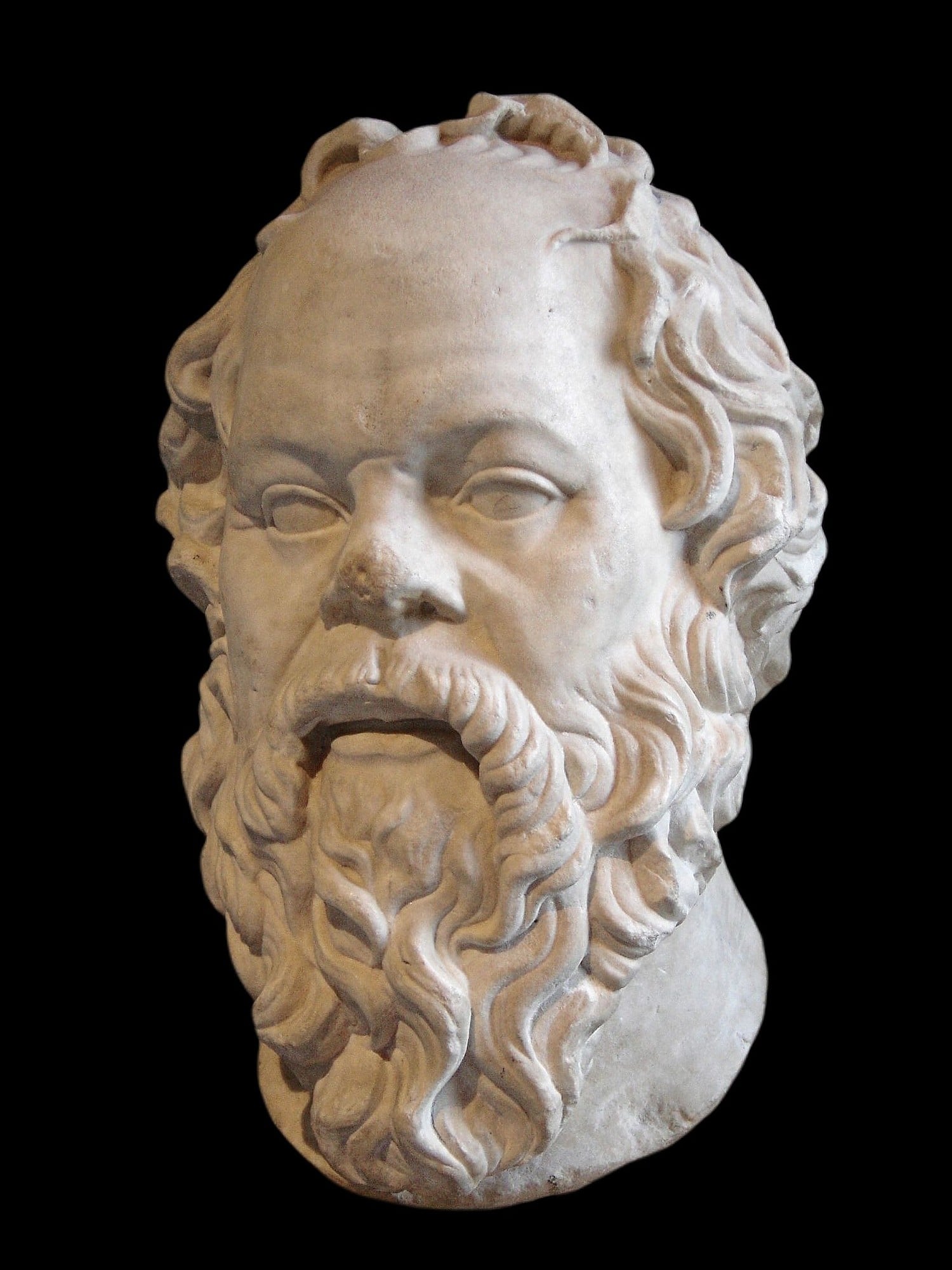 Marble bust of a bearded man with curly hair and pronounced facial features, set against a black background.