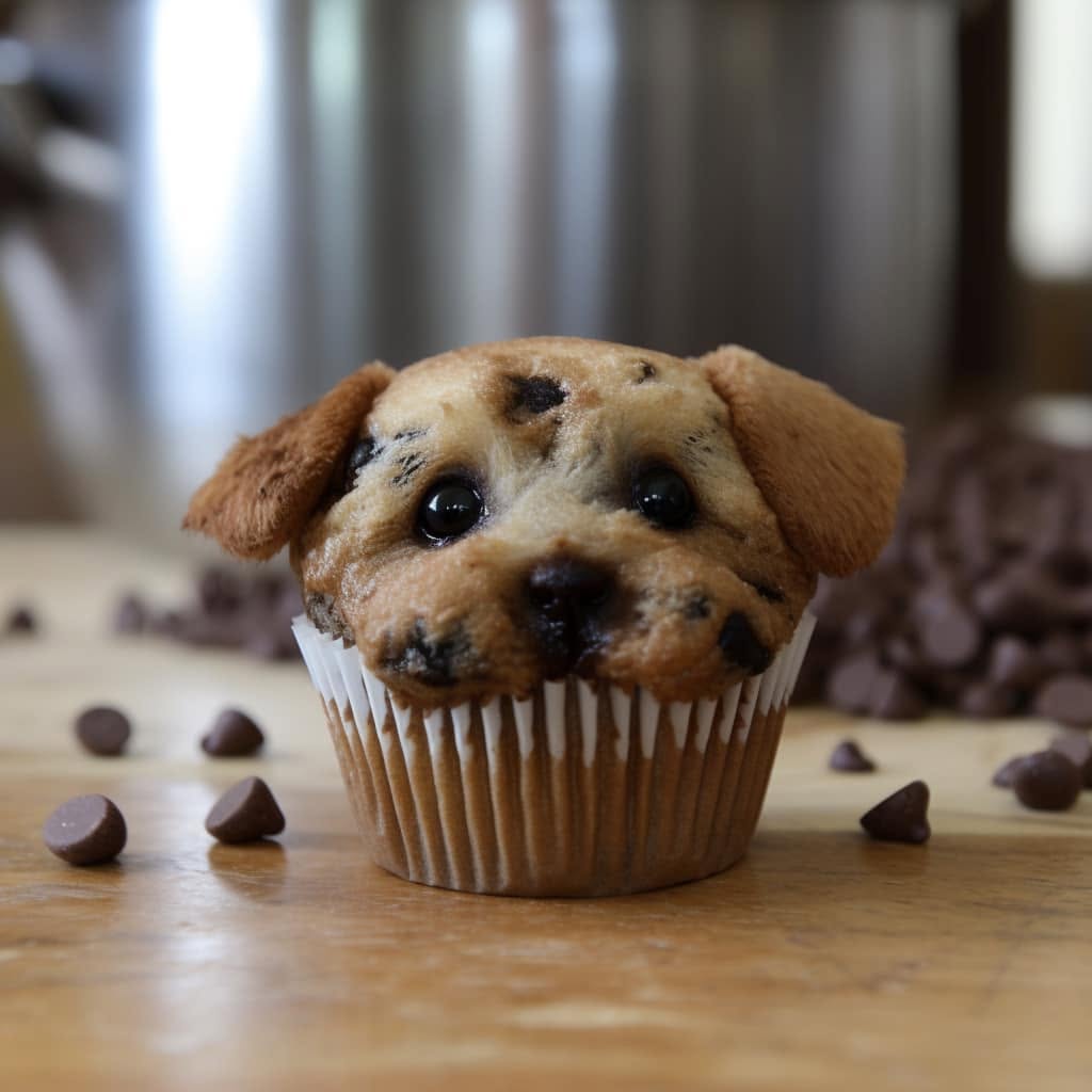 A chocolate chip muffin decorated to look like a cute puppy, with chocolate chips for eyes and ears made from muffin pieces. Chocolate chips are scattered on a wooden surface in the background.