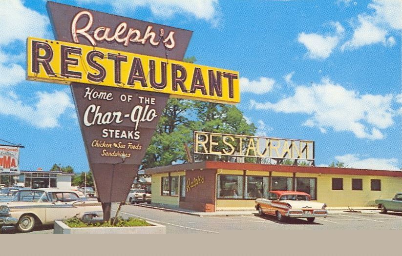 A vintage diner scene showing Ralph’s Restaurant with a large triangular sign and classic cars parked outside under a bright, blue sky with scattered clouds. The sign advertises Char-Glo steaks and sandwiches.