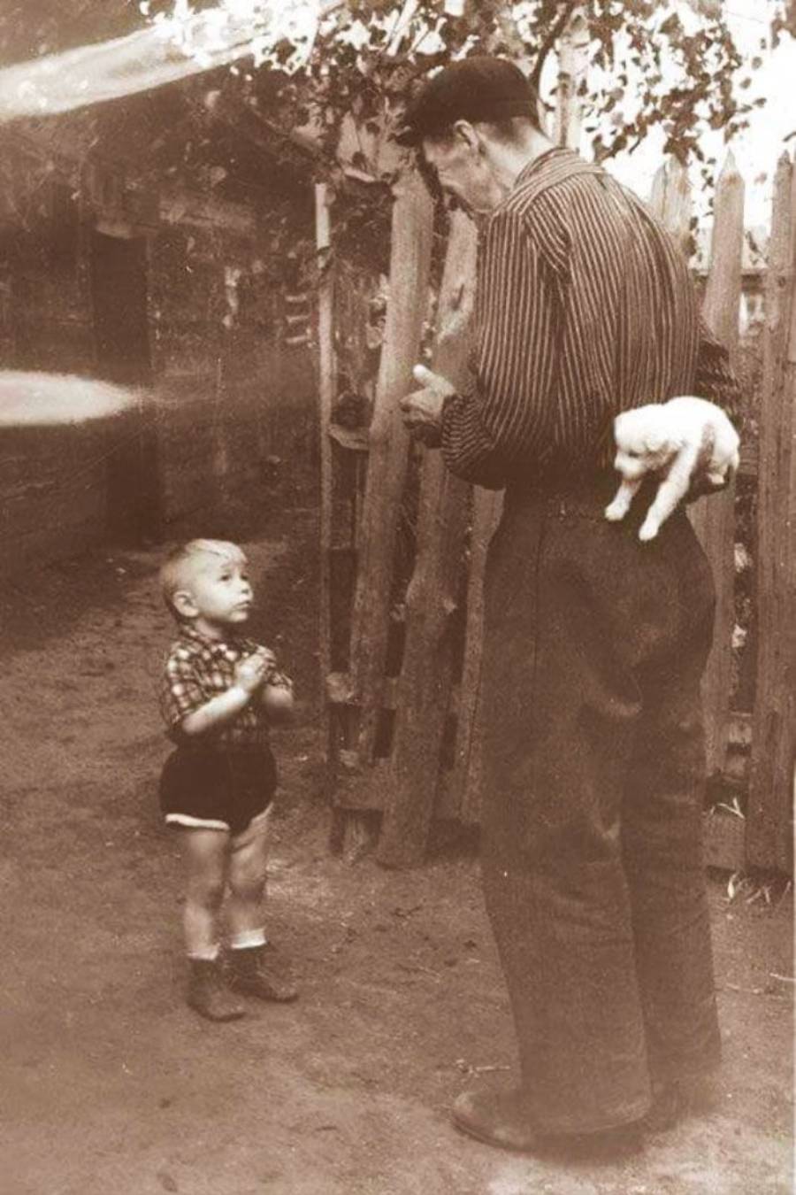 A man hides a small white kitten behind his back while a young child in shorts and a plaid shirt stands in front of him, looking up expectantly in a rustic outdoor setting.