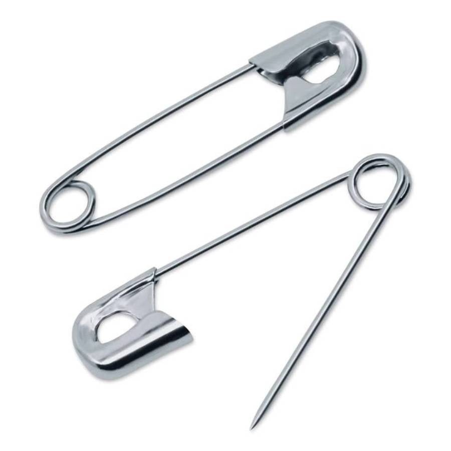 Two silver safety pins are shown, one closed and one open, on a white background.