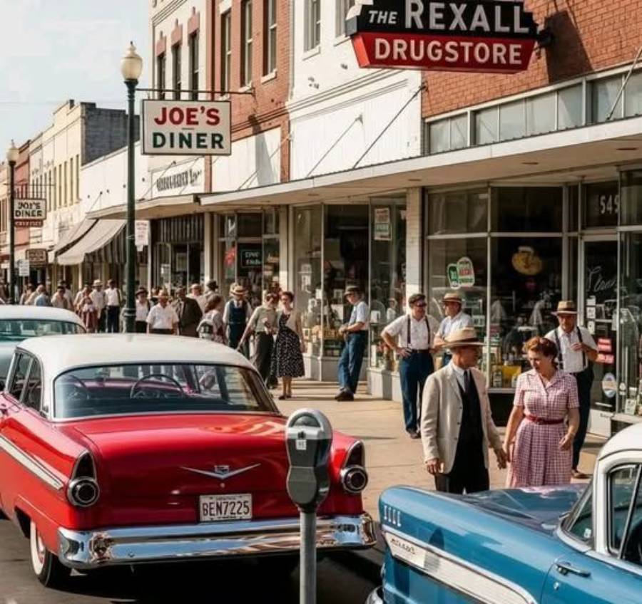 A busy 1950s street scene with vintage cars, people in retro clothing walking past Joe’s Diner and a Rexall Drugstore, and storefronts lining the sidewalk.