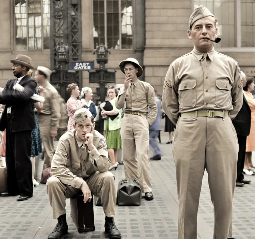 Three World War II soldiers in uniform stand and sit among civilians at a busy train station. One soldier smokes a pipe, another sits on a suitcase, and people in the background appear to be waiting.