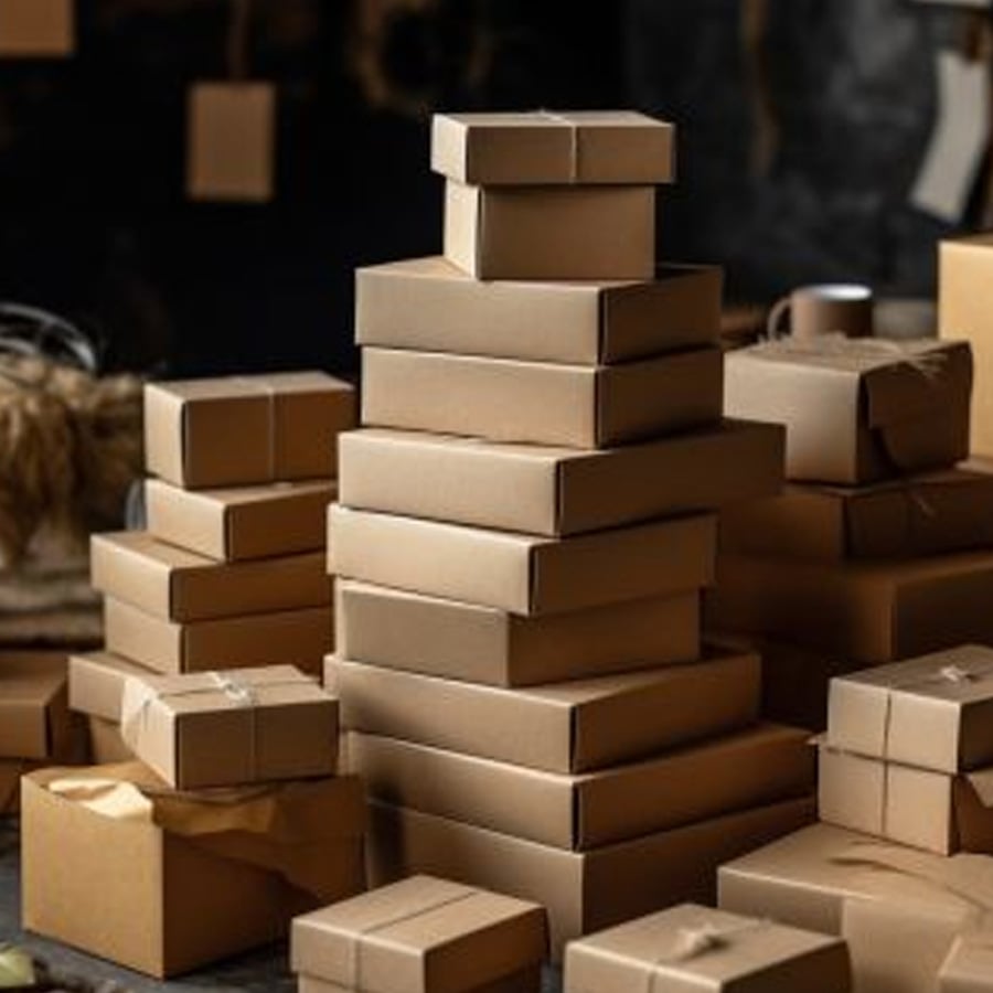 A tall stack of brown cardboard boxes of various sizes is surrounded by more boxes on a dark surface, with a blurred dark background.