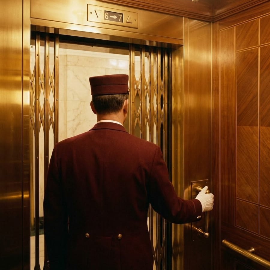 A hotel bellhop in a red uniform and white gloves stands facing an open gold elevator, about to press a button inside. The elevator’s interior has wood paneling and brass accents.