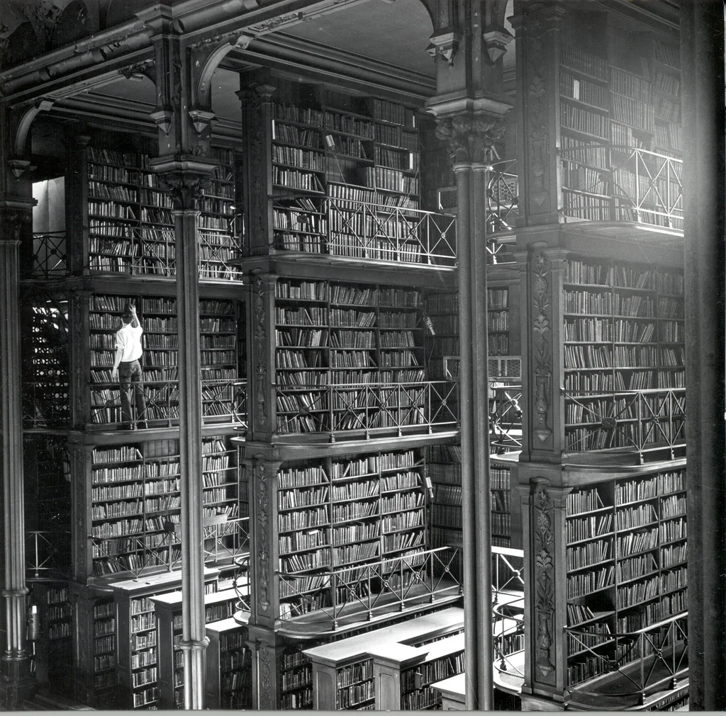 A person stands on a ladder among towering bookshelves filled with books in a grand, multi-story library with ornate columns and metal railings.