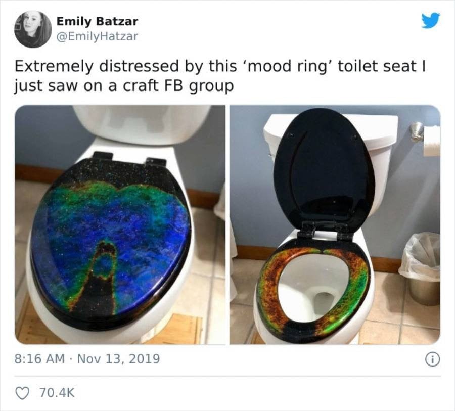 Two photos of a toilet with a colorful, mood ring-inspired seat. The closed lid shows swirling blue, green, and purple colors; the open seat displays red, orange, and yellow shades. Tweet text expresses distress at the design.