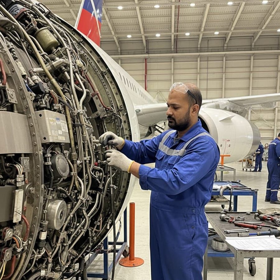 An engineer in blue coveralls works on an aircraft engine inside a hangar, using tools and wearing safety glasses. Other workers and aircraft parts are visible in the background.