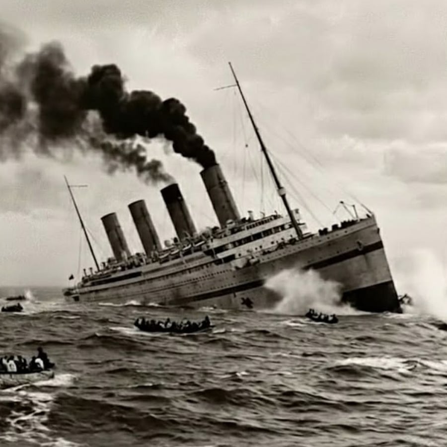 A large ocean liner tilts heavily in rough seas, with smoke pouring from its funnels. Small lifeboats filled with people are nearby on the waves. The scene is black and white.