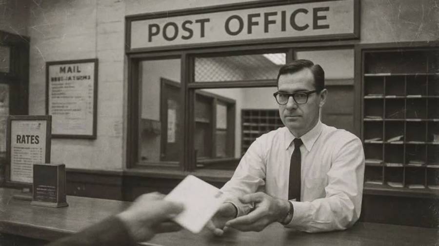 A man wearing glasses and a tie stands behind a post office counter, handing a letter to a customer. A "POST OFFICE" sign and mail rate information are visible in the background. The image appears vintage.