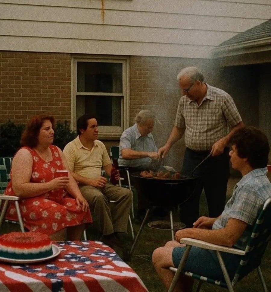 Five adults sitting and talking at a backyard barbecue, with one man grilling meat. An American flag tablecloth and a watermelon-shaped cake are on a table in the foreground. Smoke rises from the grill.