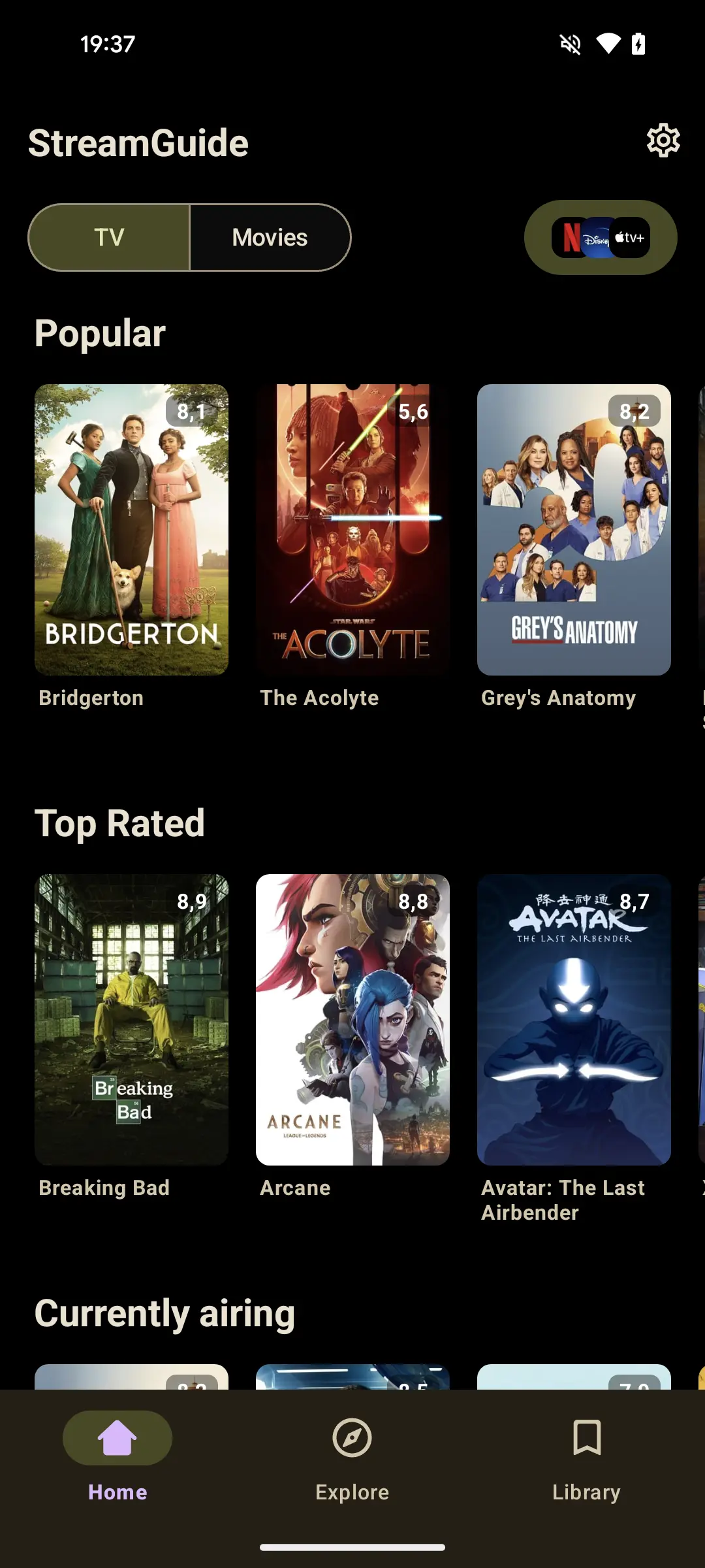 A streaming guide app screen showing popular and top-rated TV shows like Bridgerton, The Acolyte, Grey’s Anatomy, Breaking Bad, Arcane, and Avatar: The Last Airbender. Navigation tabs are at the bottom.