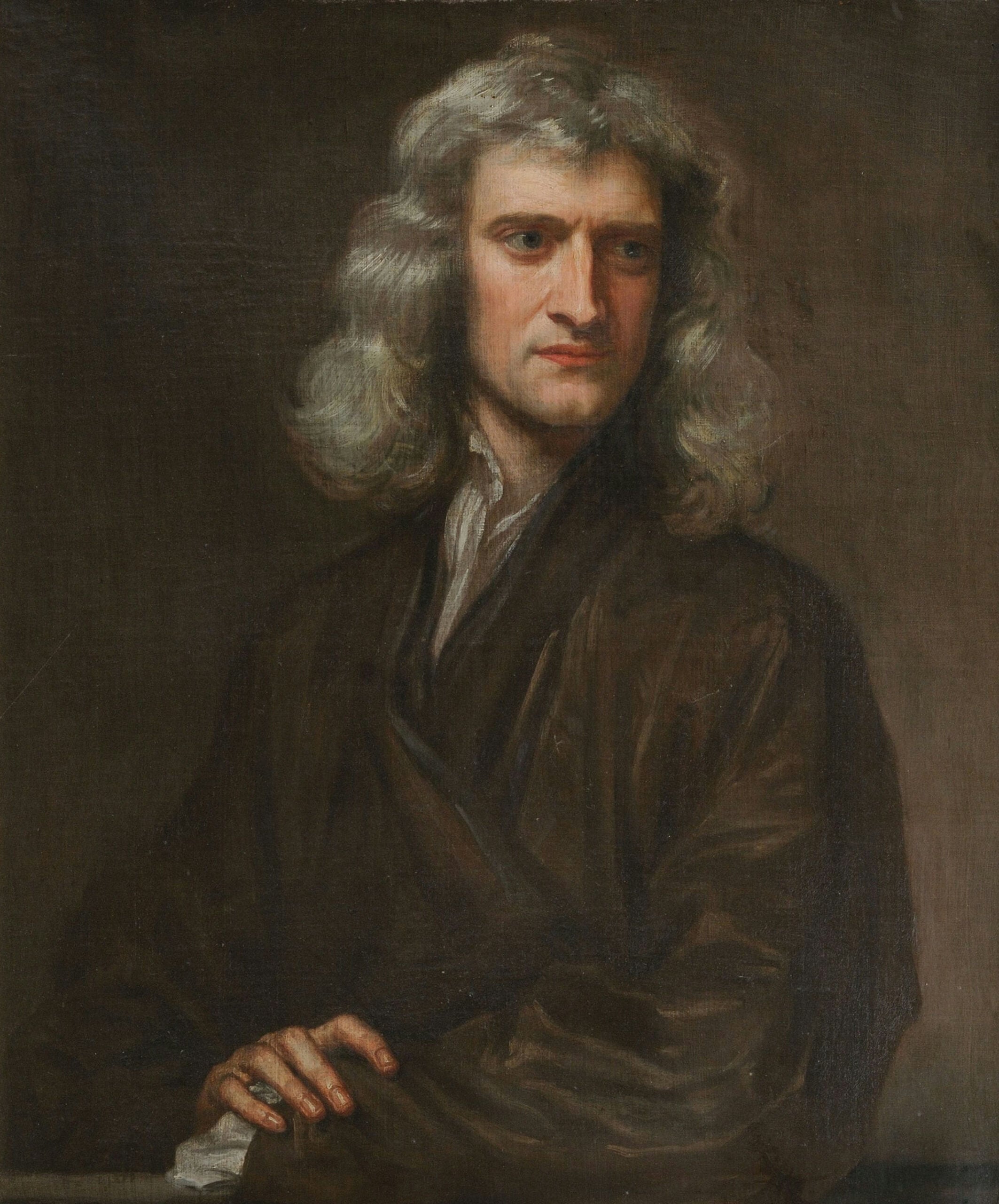 A classical oil painting of a man with long, wavy gray hair, wearing a dark brown robe, looking slightly to the side with his hands folded in front of him against a dark background.