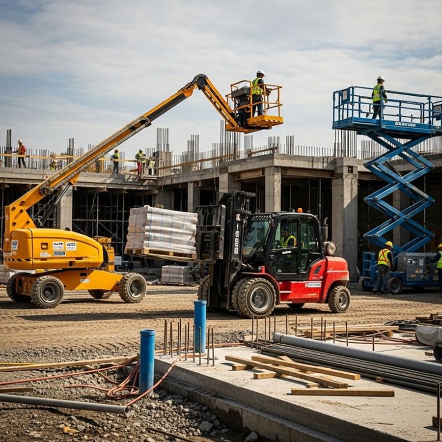 Construction site with workers using a forklift, a cherry picker, and a scissor lift. Concrete columns and beams are visible, with building materials and tools scattered on the ground.
