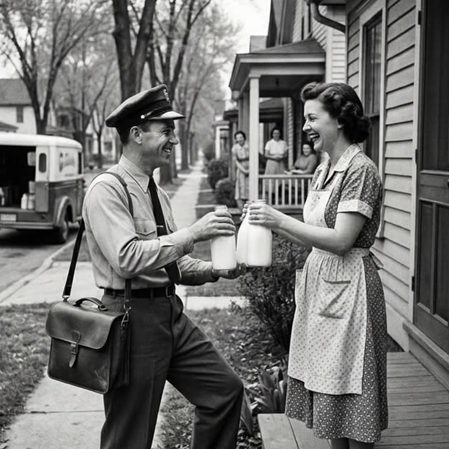 A smiling milkman hands bottles of milk to a cheerful woman on her porch in a 1950s suburban neighborhood, while neighbors watch from nearby.