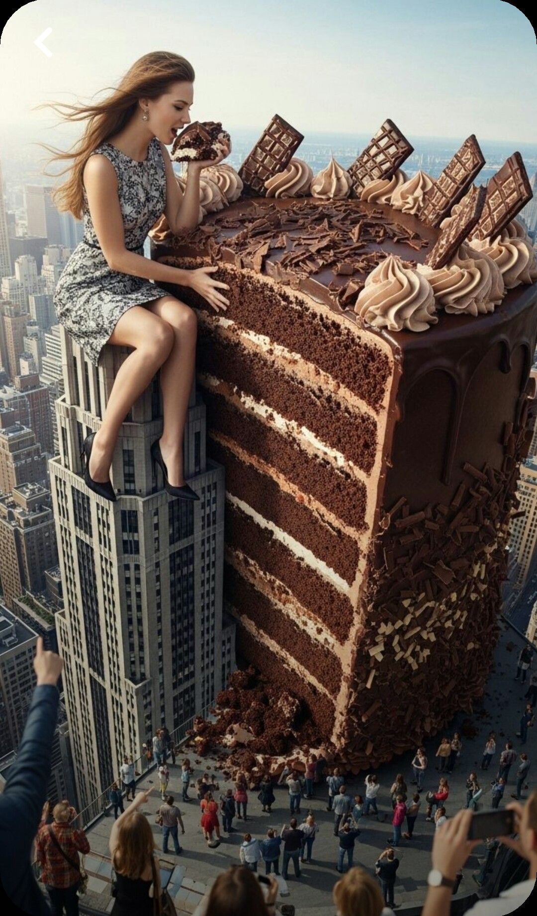 A giant woman sits on a skyscraper, eating a massive slice of chocolate cake that towers over a city. People on the ground look up and take photos of the surreal scene.