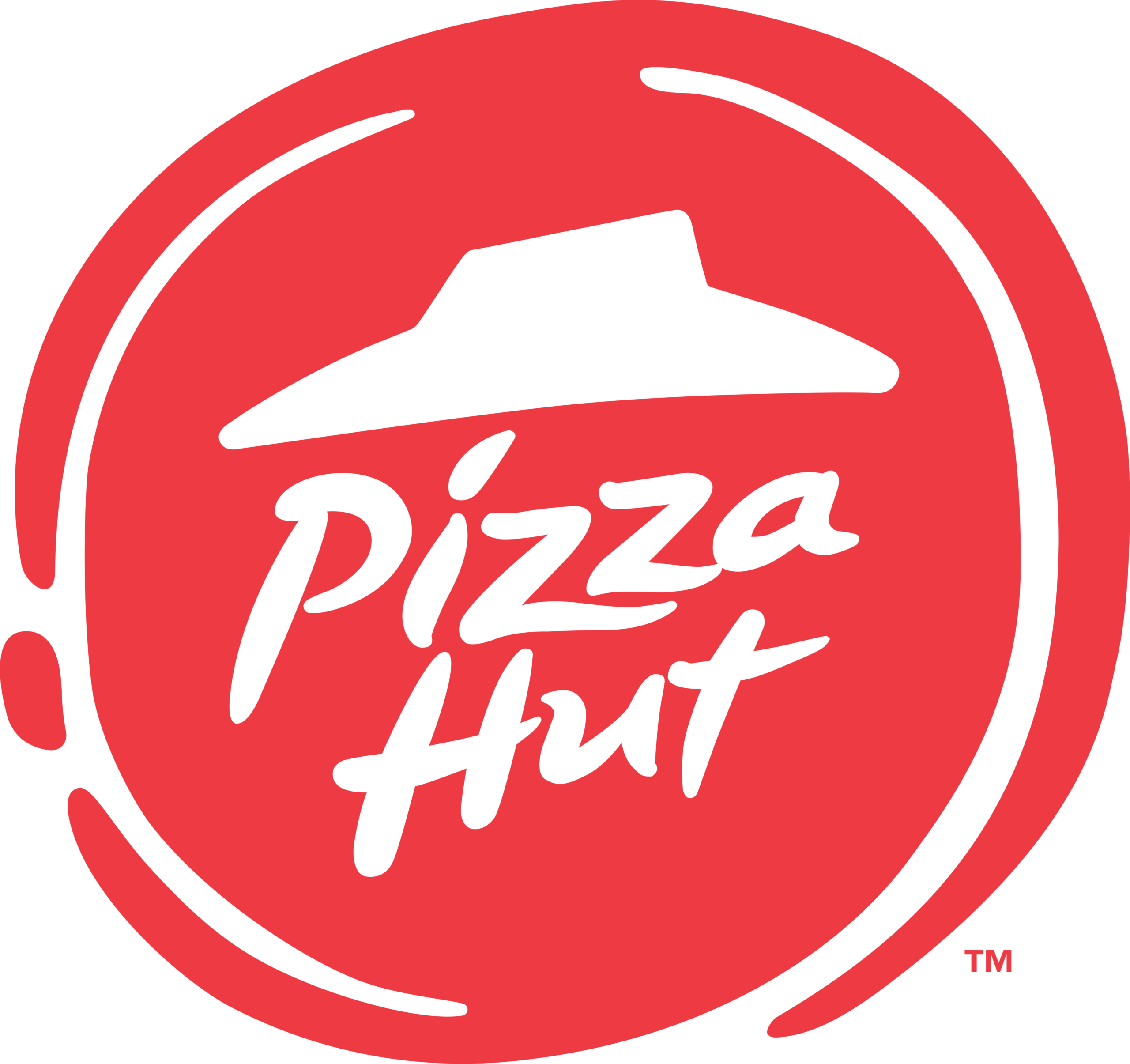 Red circular Pizza Hut logo featuring a white stylized hut roof above the words “Pizza Hut” in script font. The design is surrounded by a bold red stroke forming an incomplete circle.