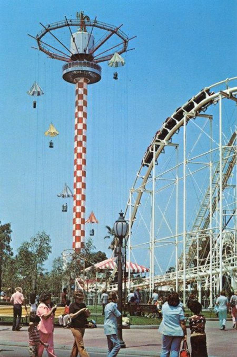 People walk in an amusement park with a red-and-white checkered parachute drop ride and a white roller coaster. Several riders are descending on parachutes. The sky is clear and blue.