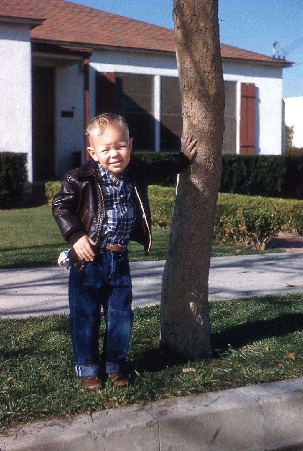 Young boy in jeans, plaid shirt, and black leather jacket stands on a grassy lawn, leaning against a tree, with a house and clear blue sky in the background.