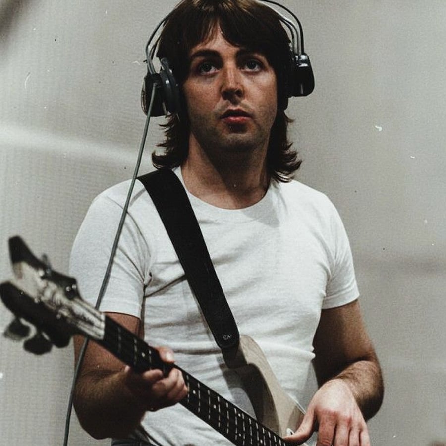 A man with long brown hair wearing headphones and a white t-shirt plays an electric bass guitar in a recording studio.
