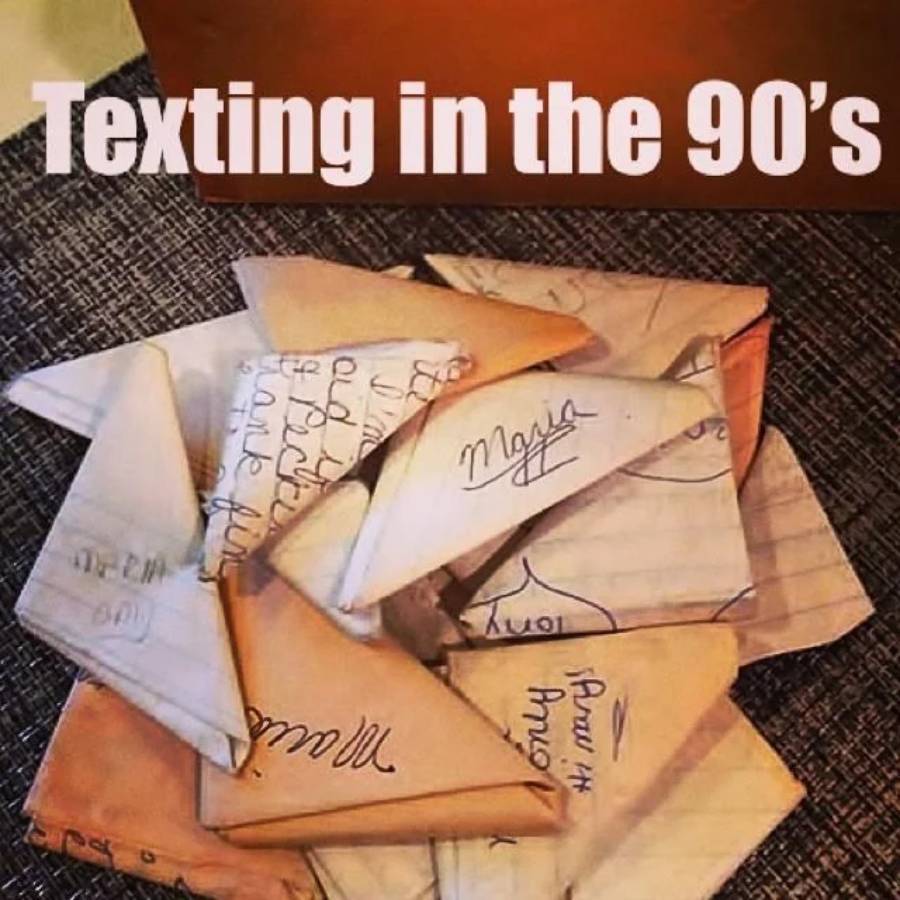A pile of folded paper notes with handwritten messages, under the caption "Texting in the 90's," referencing how people communicated before cell phones.