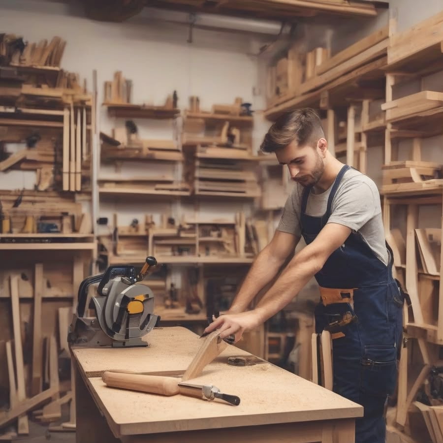 A man in overalls works with wooden planks in a well-organized woodworking shop, using a table saw. Shelves of tools and lumber fill the background.