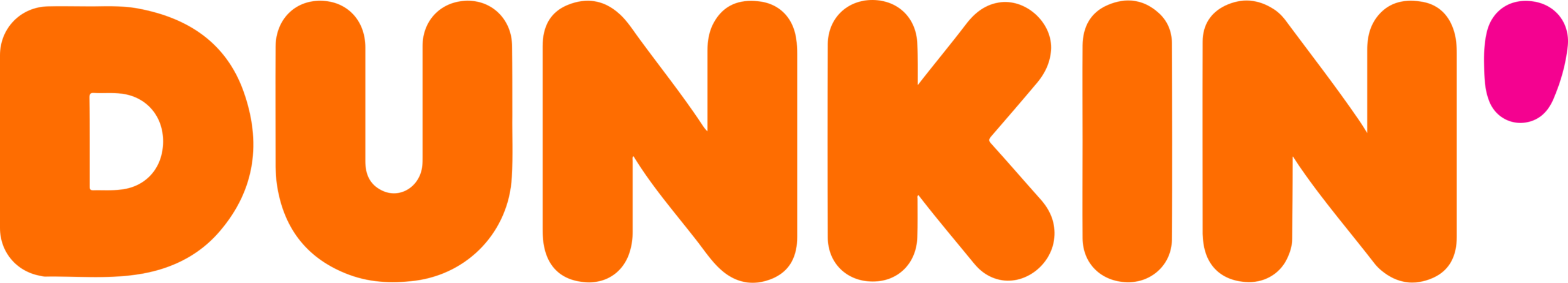 The Dunkin' logo in bold, orange uppercase letters with an apostrophe at the end in pink on a white background.
