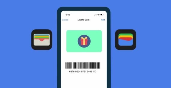 A smartphone screen displays a loyalty card with a barcode and gift icon, flanked by two digital wallet app icons on a blue background.
