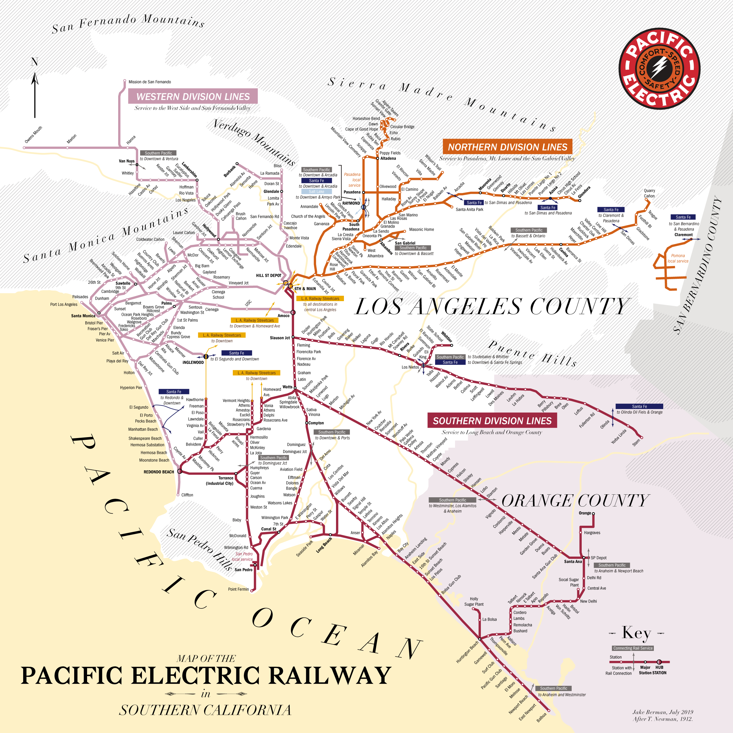 Map of the Pacific Electric Railway in Southern California, showing routes in Los Angeles and Orange Counties, labeled by division and color, with city names, mountain ranges, and the Pacific Ocean.