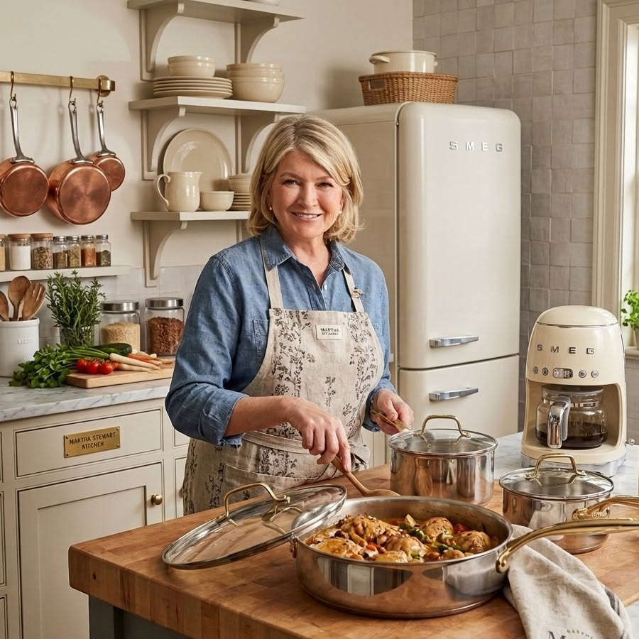 A woman in an apron smiles while cooking in a bright, organized kitchen with cream cabinets, a SMEG fridge, cookware, and fresh ingredients on the counter.