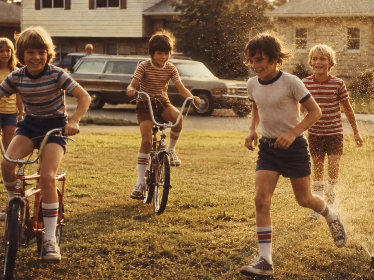 Four children play outside on a sunny day; two ride bikes and two run through a spray of water, all smiling and wearing shorts and striped socks. Cars and houses are visible in the background.