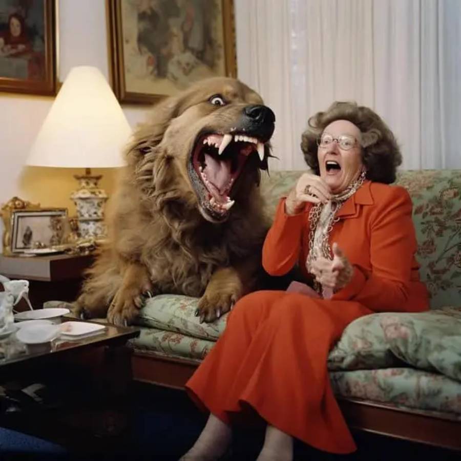 An elderly woman in red sits on a couch looking shocked as a large, snarling, lion-like creature with bared teeth appears beside her in a living room.