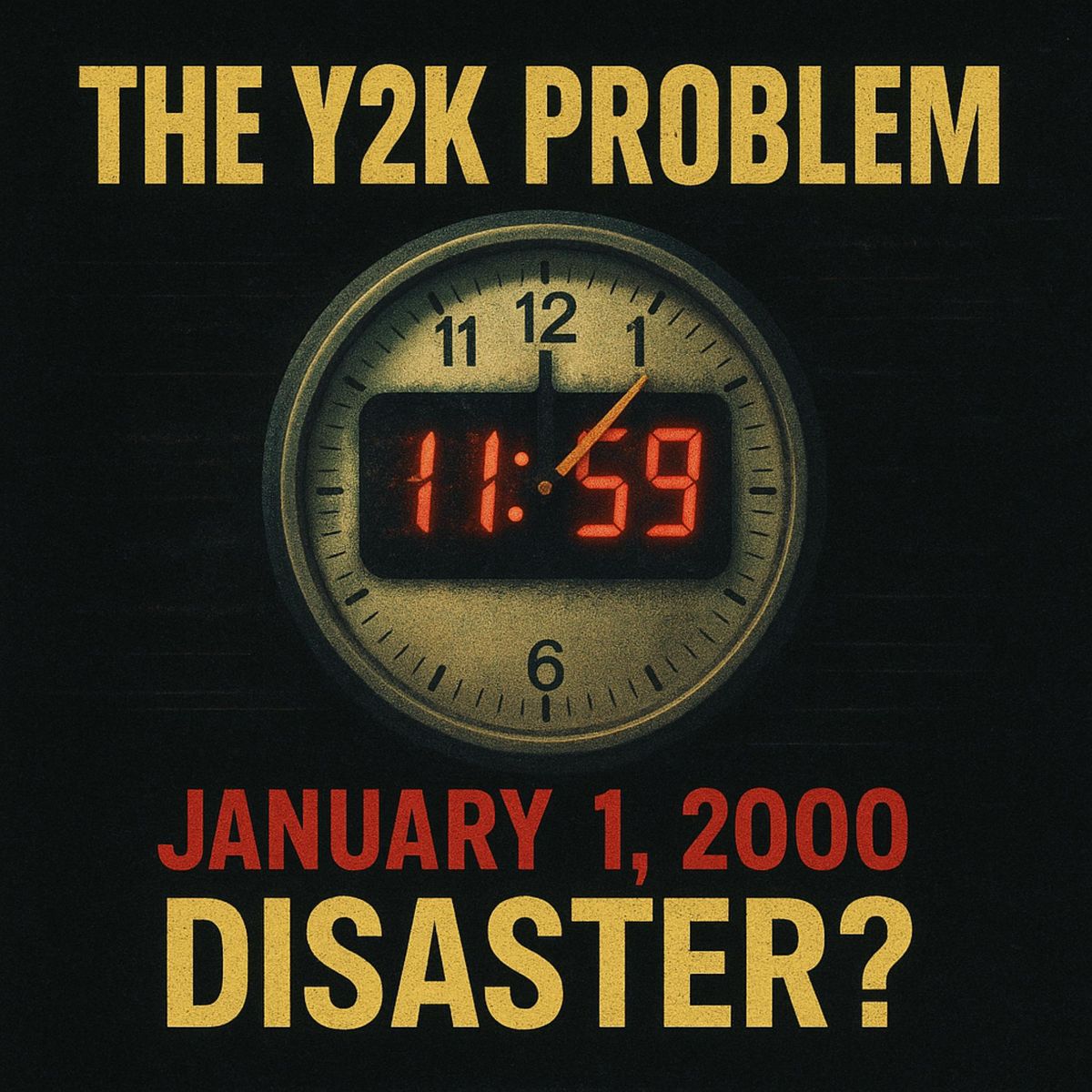 A clock shows 11:59 with bold text: “THE Y2K PROBLEM” above and “JANUARY 1, 2000 DISASTER?” below, suggesting concern about the Y2K bug.