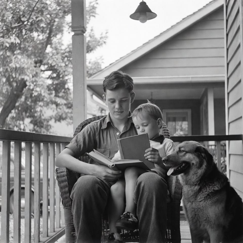 A young man sits on a porch chair with a small child on his lap, reading a book together. A dog sits beside them, and a house and trees are visible in the background.