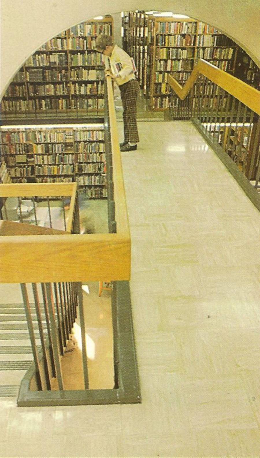 A person stands on an upper floor of a library, leaning over a railing and looking down at lower floors lined with bookshelves filled with books.