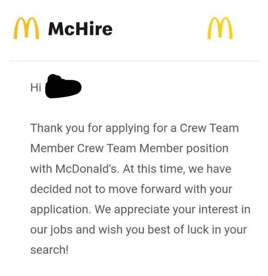 Email from McDonald's declining an application for a Crew Team Member position, thanking the applicant for their interest and wishing them luck in their job search.