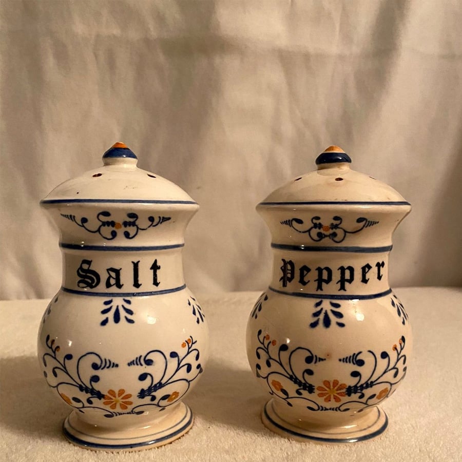 Two ceramic shakers labeled "Salt" and "Pepper" with blue and orange floral designs are placed side by side on a light surface against a neutral background.