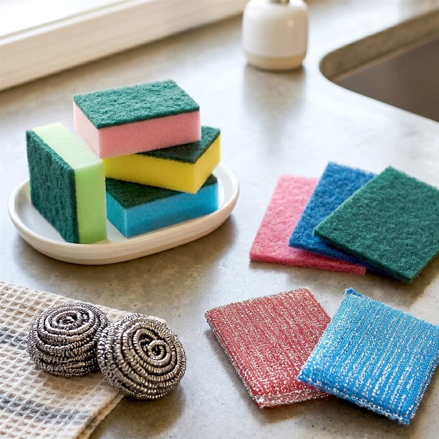 Various colored sponges, scrub pads, and metal scrubbers are arranged on a kitchen countertop near a sink, with a dish soap dispenser and a towel also visible.