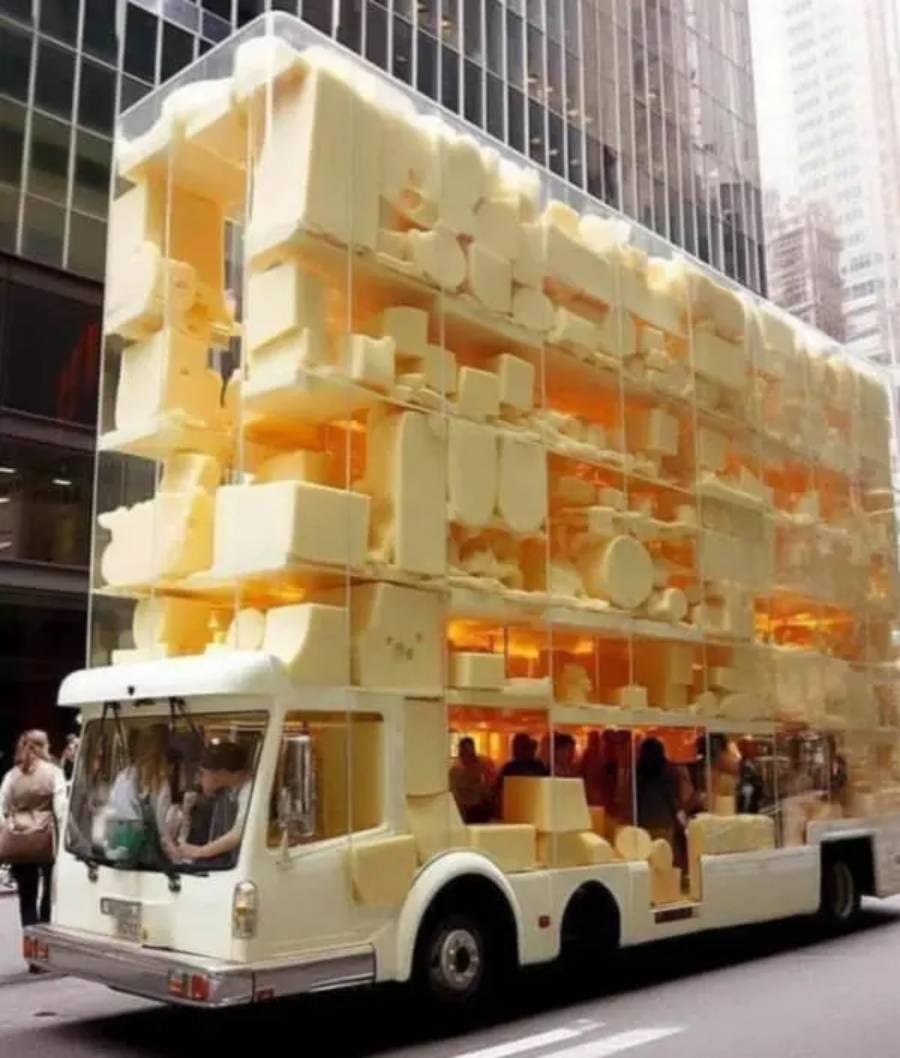 A bus with its upper half filled with large blocks of yellow cheese, driving through a city street with people walking nearby and tall buildings in the background.