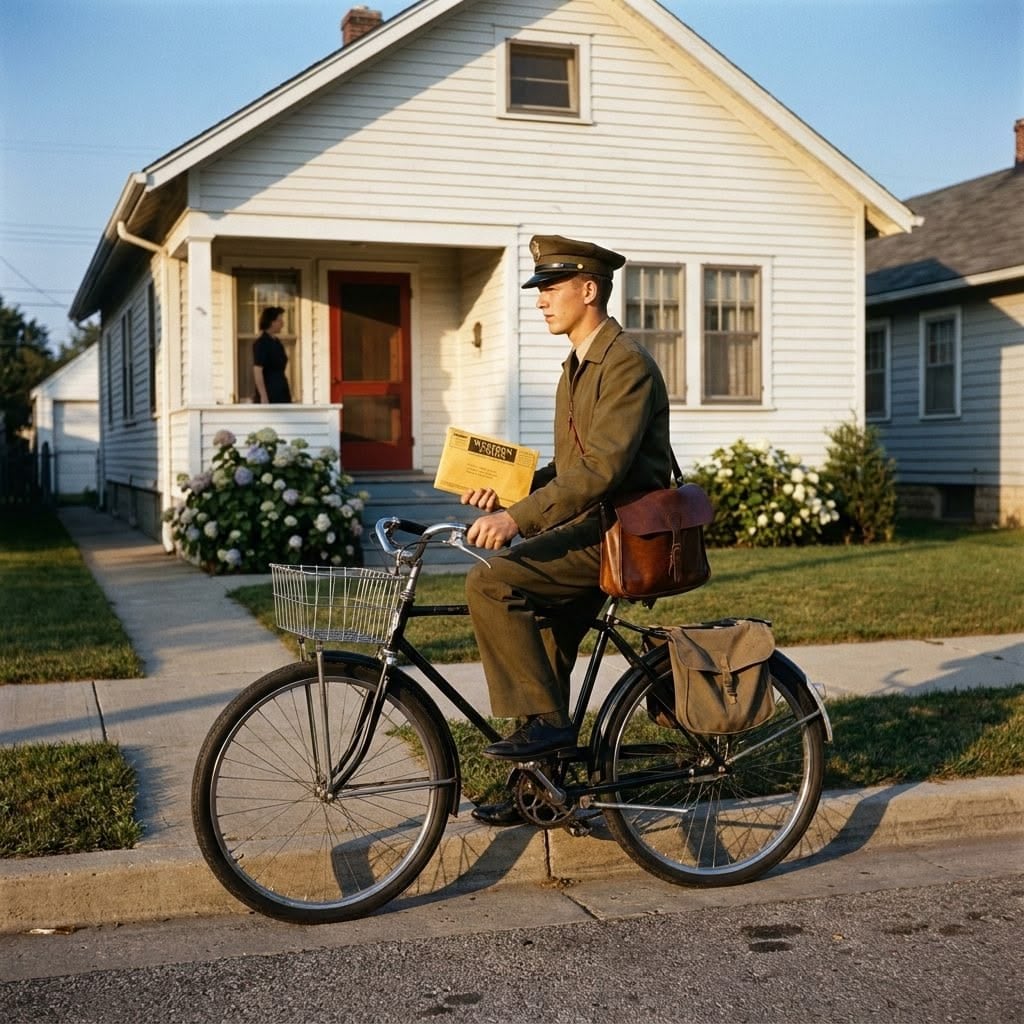 A uniformed mail carrier on a bicycle holds letters in front of a white house, with a woman standing on the porch in the background, during the daytime.