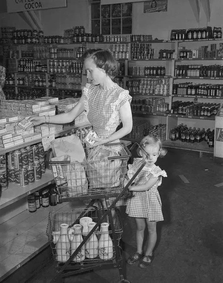 A woman shops in a grocery store, filling her cart with groceries, while a young girl in a checked dress stands beside her, holding onto the cart. Shelves of canned goods and bottles line the background.